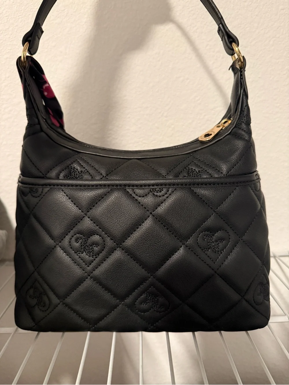 Juicy Couture Black Quilted Shoulder Bag with Pink Scarf Accent
